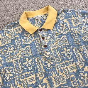 Orvis Mens Polo Shirt Large Blue Yellow Hawaiian Floral Tropical Pique Cotton